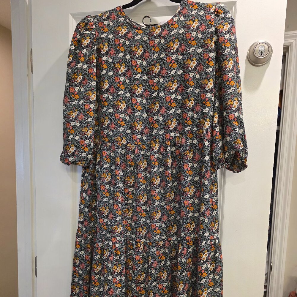 Midi 3/4 length sleeve green floral tiered dress
